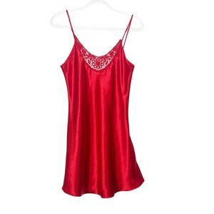 Satin Silk Lingerie Night Dress Lace Trim Sleeveless Babydoll Red Womens Size S